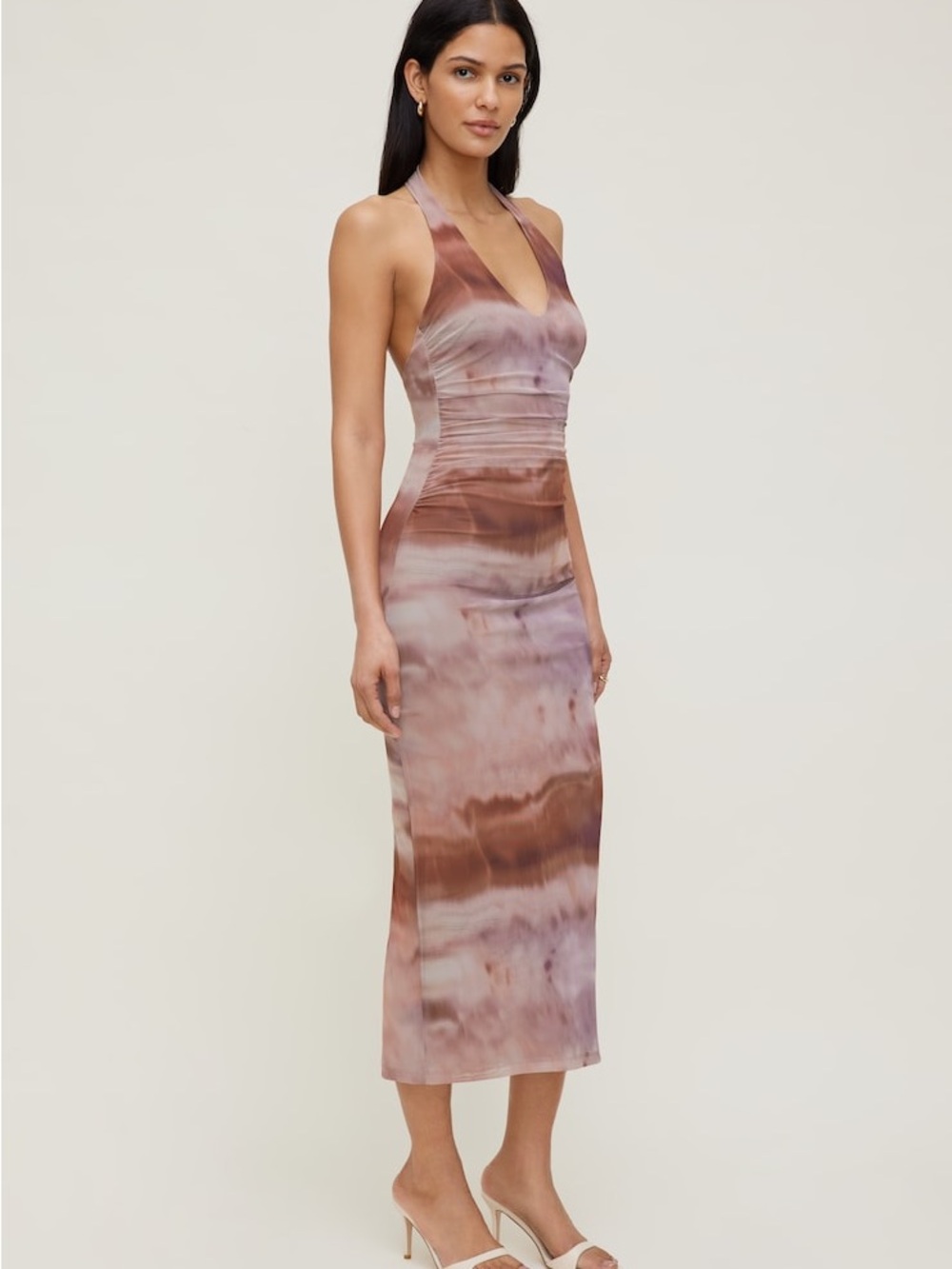 Dynamite Marble-Print V-Neck Midi Dress in Rose and Brown